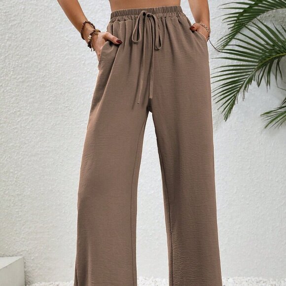 Coffee Brown Casual Women's Summer Drawstring Elastic Waist Wide Leg Pants - Picture 2 of 6